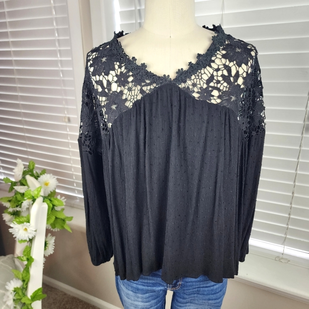 Oddy Black Shirt Lace Long Sleeve Loose Flowy Sz 2x